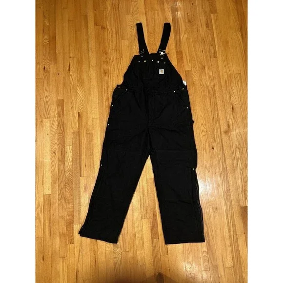 NWT Carhartt Men Quilt Lined Zip To Knee Bib Overalls Black $180 46x34 R03